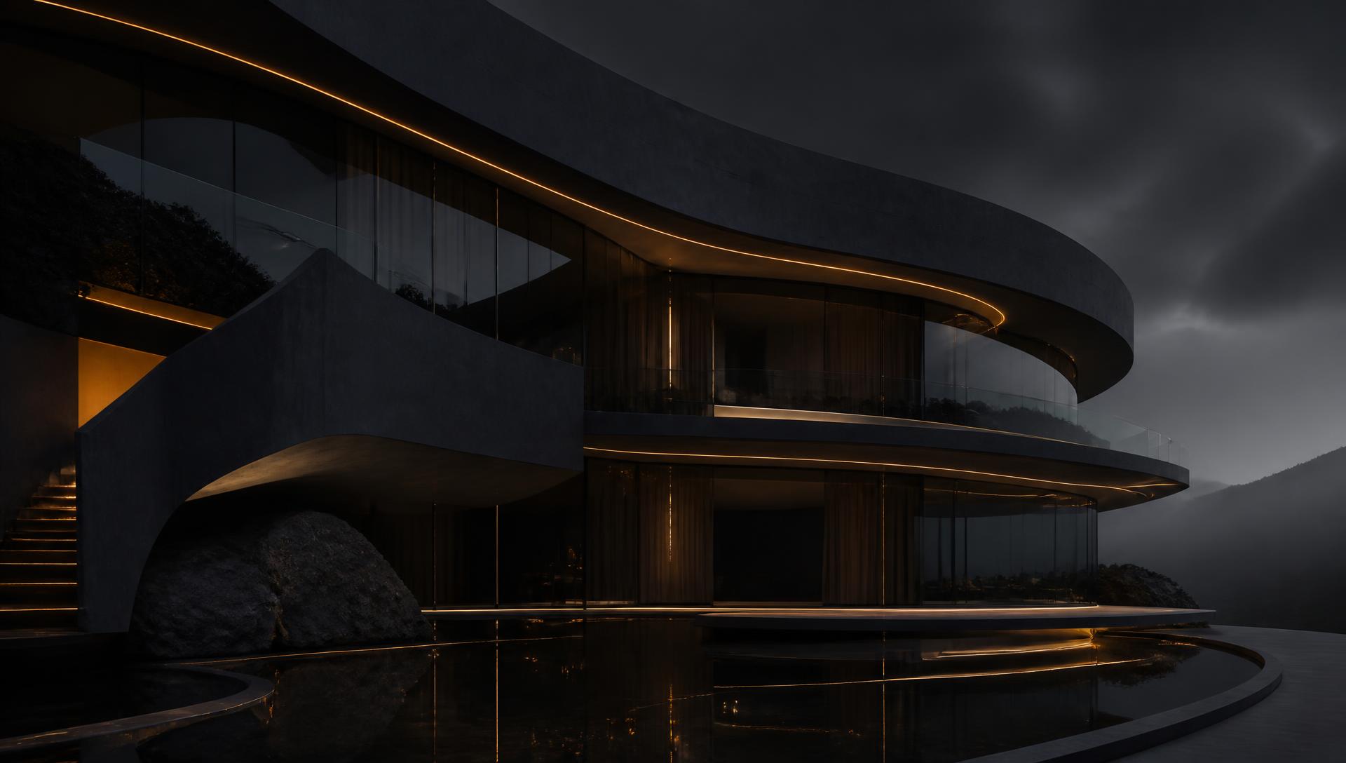 Dunkle, geschwungene Premium-Architektur bei Nacht mit feinen goldenen Lichtlinien